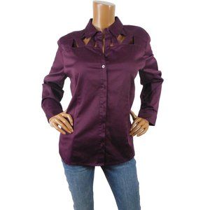 CHICO'S Top L Sz 2 Dark Plum Blouse NWT $56 Button Down Stretch Cotton Cut Out